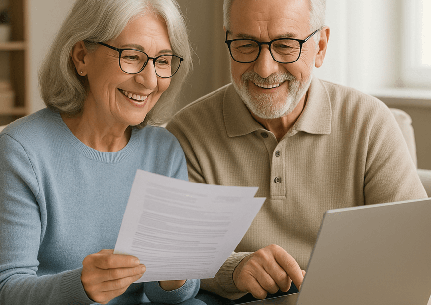 Coppia di pensionati italiani che analizza documenti finanziari a casa